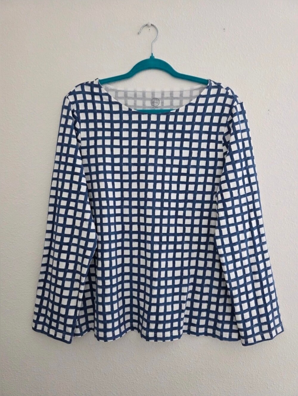 Tory Burch Top Knit Pima Cotton White/Blue Plaid Long Sleeve Tee Crew Neck Sz XL